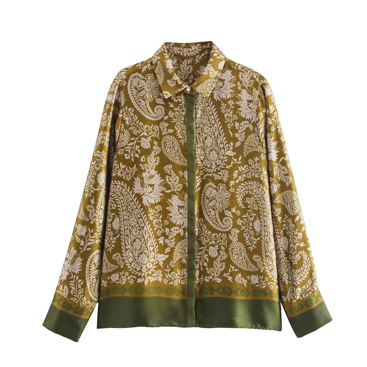 Printing Lapel Breasted Long Sleeve Shirt Trousers Silk Satin Suit 8956192 - Top