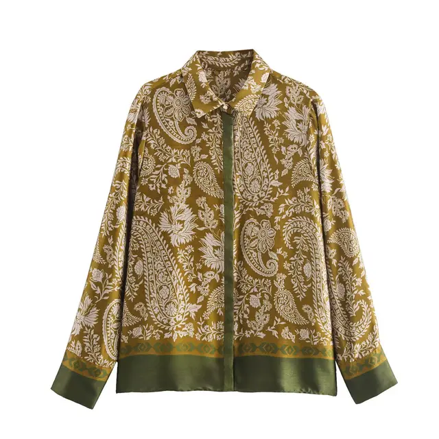 Printing Lapel Breasted Long Sleeve Shirt Trousers Silk Satin Suit 8956192 Top - Shop at LoveMi