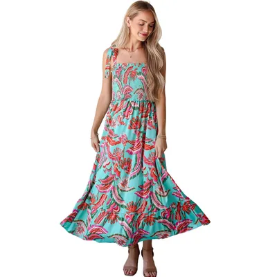 Abstract Smocking Long Dress Summer New Square Collar Sleeveless Green - Shop at LoveMi