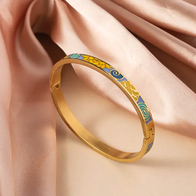 Titanium Steel Bracelet Women's Exquisite Geometric Oil spot Glaze Flowers Yellow Blue Green - Shop at LoveMi