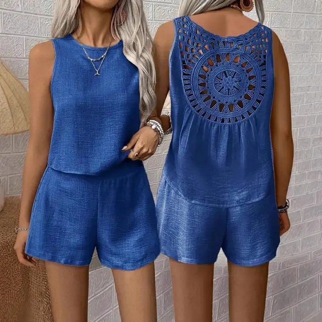Sleeveless Tank Top Shorts Solid Color Casual Two piece Suit 105528 Blue - Shop at LoveMi