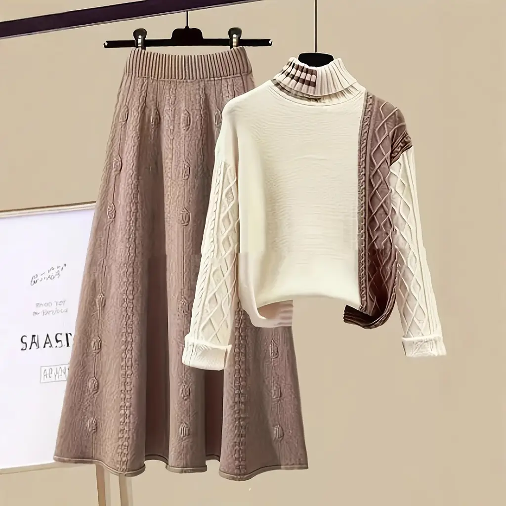 Fashion Polo Collar Contrast Color High Class Elegant Design Woolen Skirt Two-piece Set - Contrast Color - View 1
