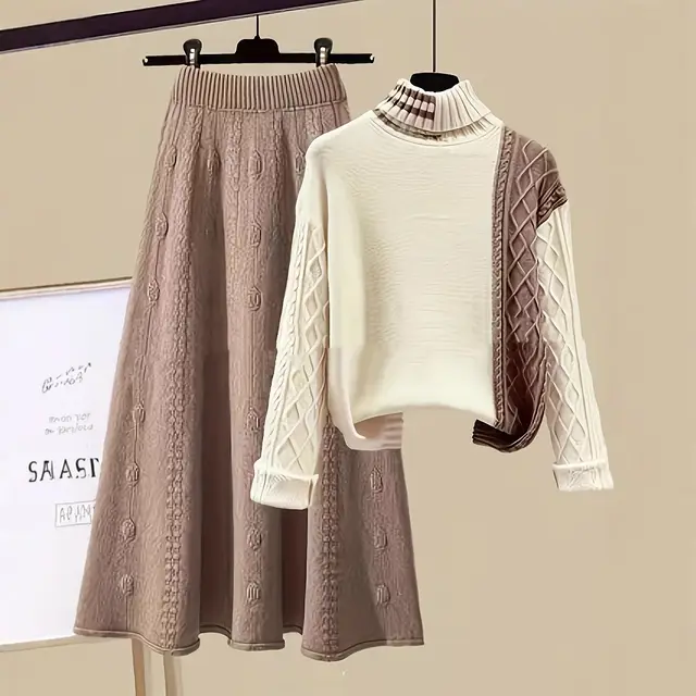 Fashion Polo Collar Contrast Color High Class Elegant Design Woolen Skirt Two piece Set Contrast Color - Shop at LoveMi