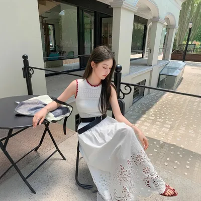 Vacation Style Casual Vest Knitted Stitching Hollow Out Ruffled High Waist Slim Length Dress White - Shop at LoveMi