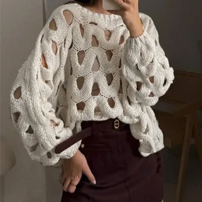 Women's Casual Leisure Vacation Beach Long Sleeve Sweater Pullover White - Shop at LoveMi