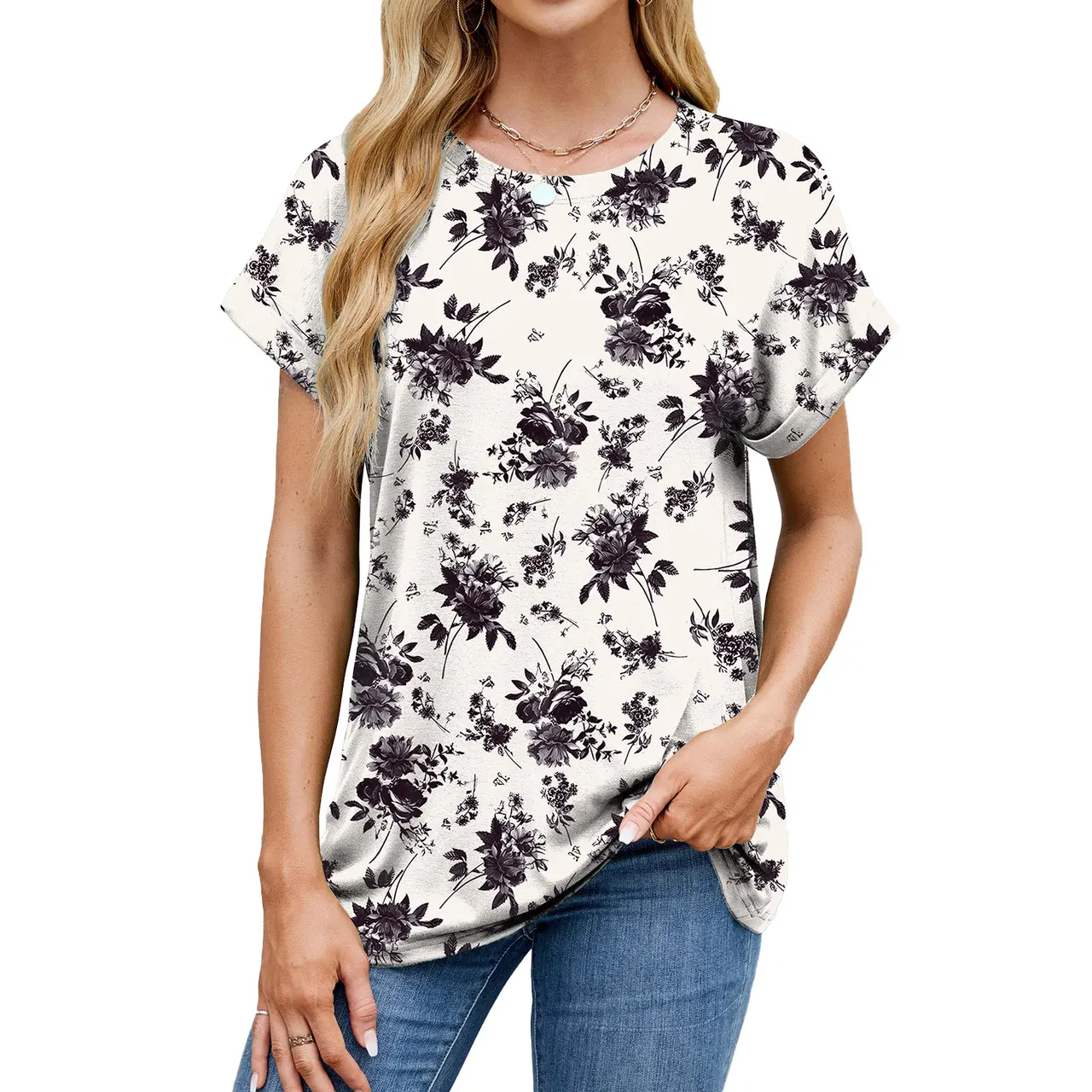 Personality Loose-fitting T-shirt Top Women - Black Flower