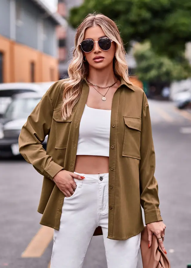 Polo Collar Solid Color Long Sleeve Coat Shirt Camel - Shop at LoveMi