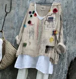 Colourful Japanese Sashiko Art Linen Blend Long-sleeve Top - Beige