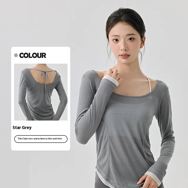 Loose Casual High grade Yoga Clothes Blouse Hem Contrast Color Light Breathable Sexy Backless Star Gray - Shop at LoveMi