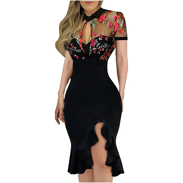 Embroidered Sequin Net Falbala Short Sleeve Dress Embroidery - Shop at LoveMi