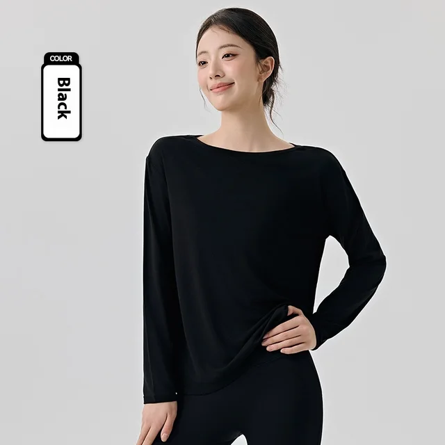 Modal Sports Blouse Women's Long Sleeve Slit On Both Sides Loose Breathable Black - Shop at LoveMi