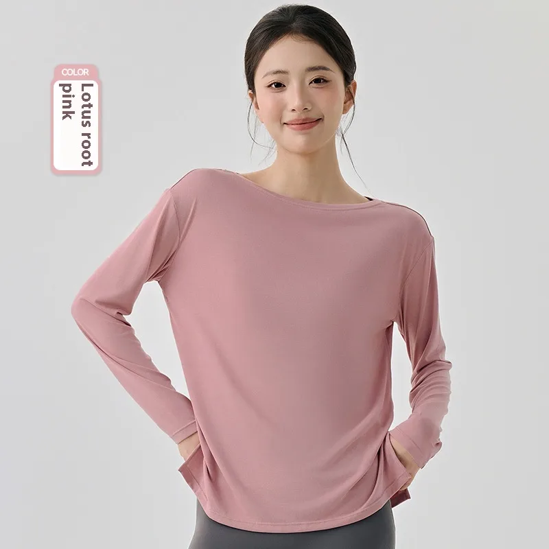 Modal Sports Blouse Women's Long Sleeve Slit On Both Sides Loose Breathable Lotus Pink - Shop at LoveMi