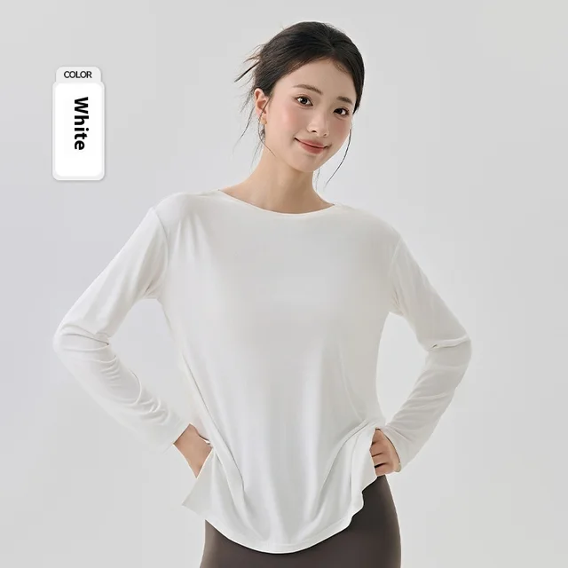 Modal Sports Blouse Women's Long Sleeve Slit On Both Sides Loose Breathable White - Shop at LoveMi
