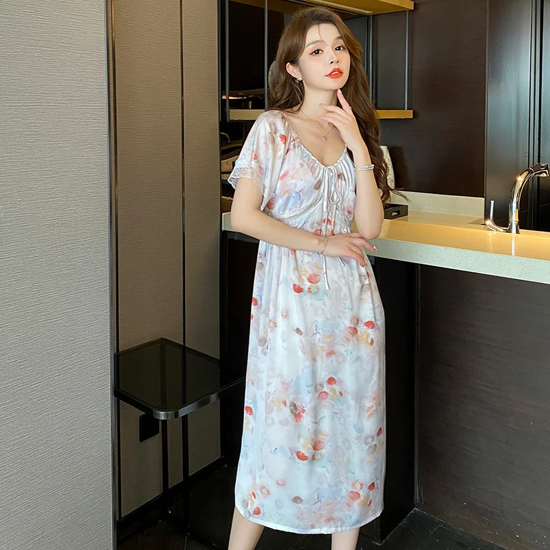 Floating Dream Nightdress Women's Lace Ice Silk Floral Pajamas Home Wear Women Floating Dream - Shop at LoveMi