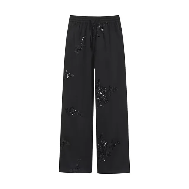 Spring Summer Women's Wear Shirt Outfit Beads Decoration Top High Waist Pants Black Pants - Shop at LoveMi