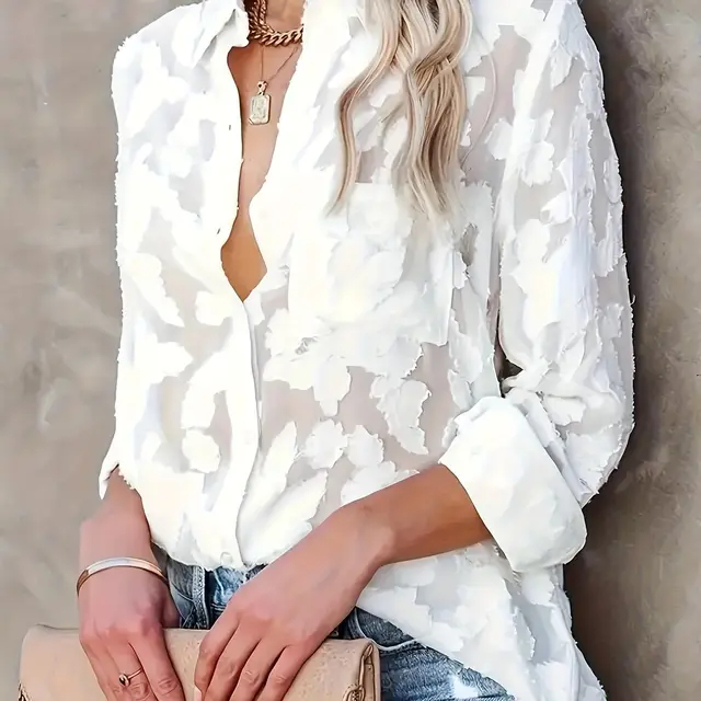 Luxury Jacquard Fashionable Button Up Shirt White - Shop at LoveMi