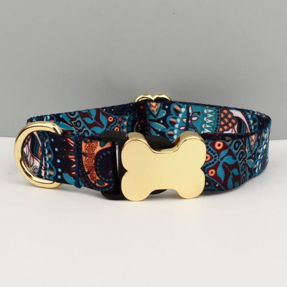 Ethnic Style Webbing Bone Buckle Printed Pet Collar - Blue Folk - View 1