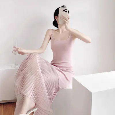 French Style Pure Desire Wind Backless Ice Silk Knitted Sling Dress Pink - Shop at LoveMi