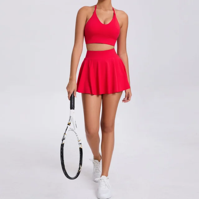 Casual Bra Skirt Running Outfit Breathable Tennis Suit Two piece Set Red - Shop at LoveMi