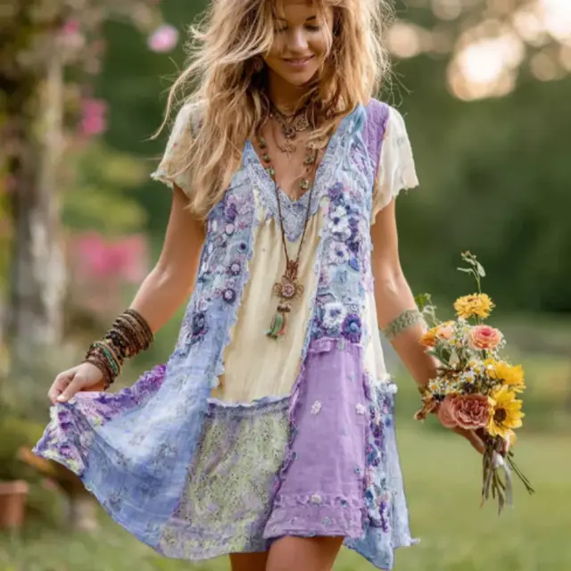 Women's Retro Floral Cotton & Linen Mini Dress Blue - Shop at LoveMi