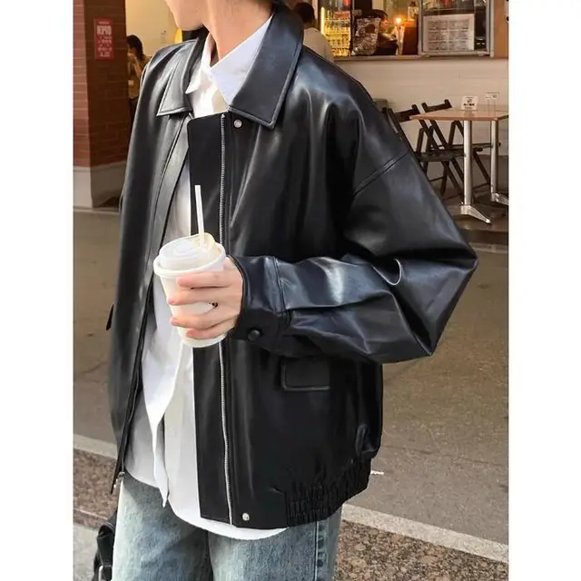 Korean Style Loose Leather Jacket Handsome Motorcycle Black - Shop at LoveMi