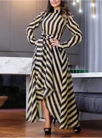 Elegant Long Sleeve Striped Long Large Hem Dress - Mixed Color-2Xl