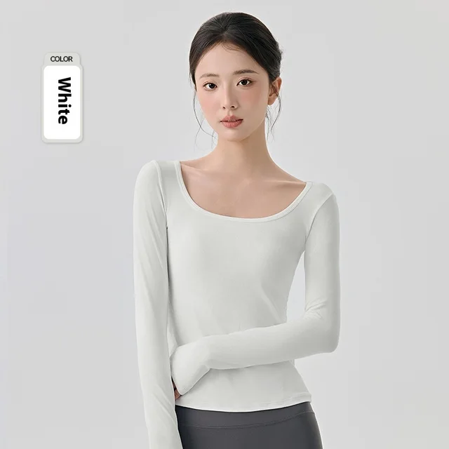 Nude Feel High Elastic Long Sleeve Yoga Wear Top Slim Fit Slim And Sexy Big Neckline White - Shop at LoveMi