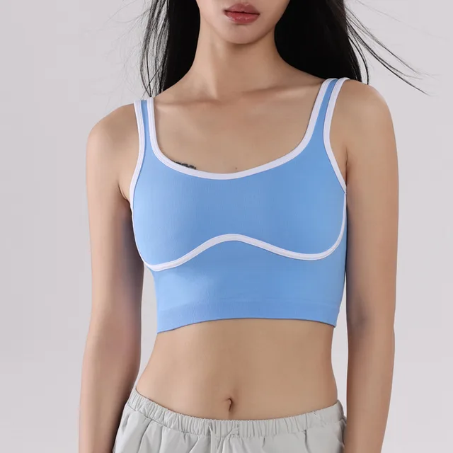 Contrast Color Wireless Beauty Back Exercise Vest Female Shockproof Push up Yoga Sky Blue With Chest Pad - Shop at LoveMi