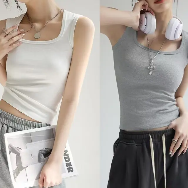 Thread Vest Camisole Women's Bottoming Sleeveless T shirt White And Gray - Shop at LoveMi