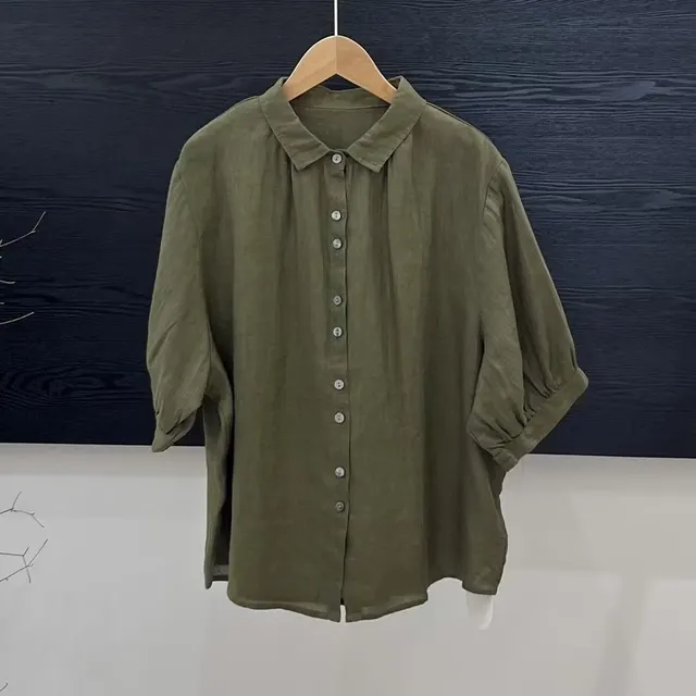 Artistic Versatile Breathable Solid Color Linen Women's Shirt Green - Shop at LoveMi