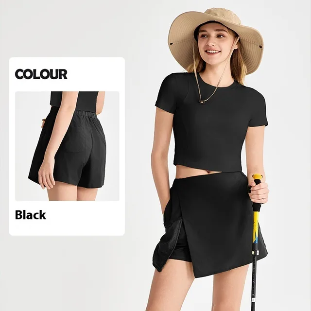 Fake Two piece Sports Shorts Women's Outer Wear Slimming Anti emptied Outdoor Mountaineering Front Skirt Rear Pants Black - Shop at LoveMi