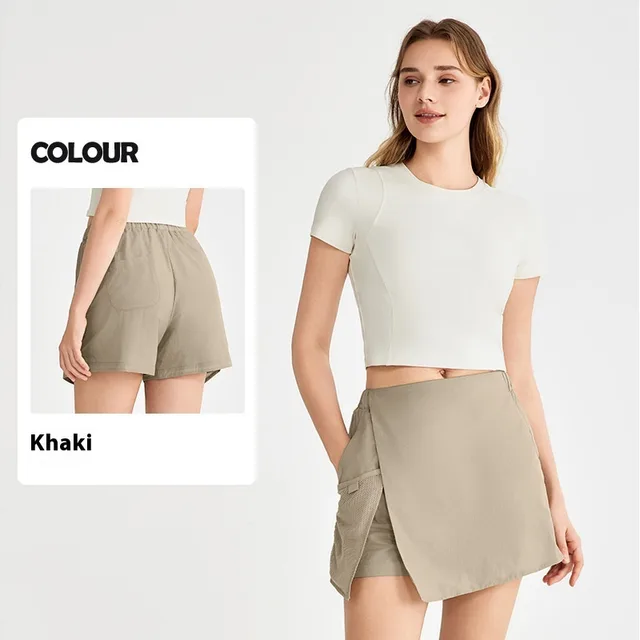 Fake Two piece Sports Shorts Women's Outer Wear Slimming Anti emptied Outdoor Mountaineering Front Skirt Rear Pants Khaki - Shop at LoveMi