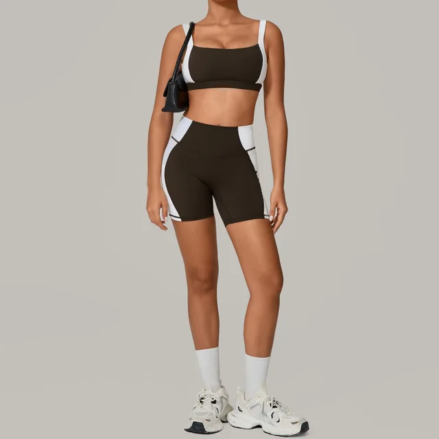 Color Matching Tight Quick drying Workout Tenacity Sports Suit Dark Brown - Shop at LoveMi