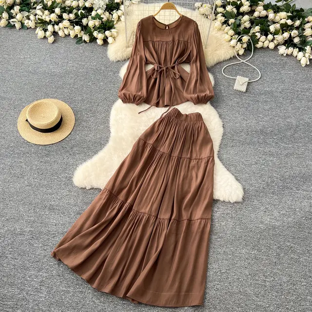 Suit Women's Spring French Style Lace up Waist controlled Round Neck Long Sleeve Shirt High Waist Drooping Skirt Brown - Shop at LoveMi