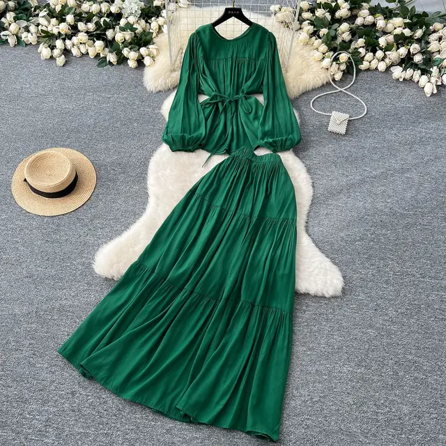 Suit Women's Spring French Style Lace up Waist controlled Round Neck Long Sleeve Shirt High Waist Drooping Skirt Dark Green - Shop at LoveMi
