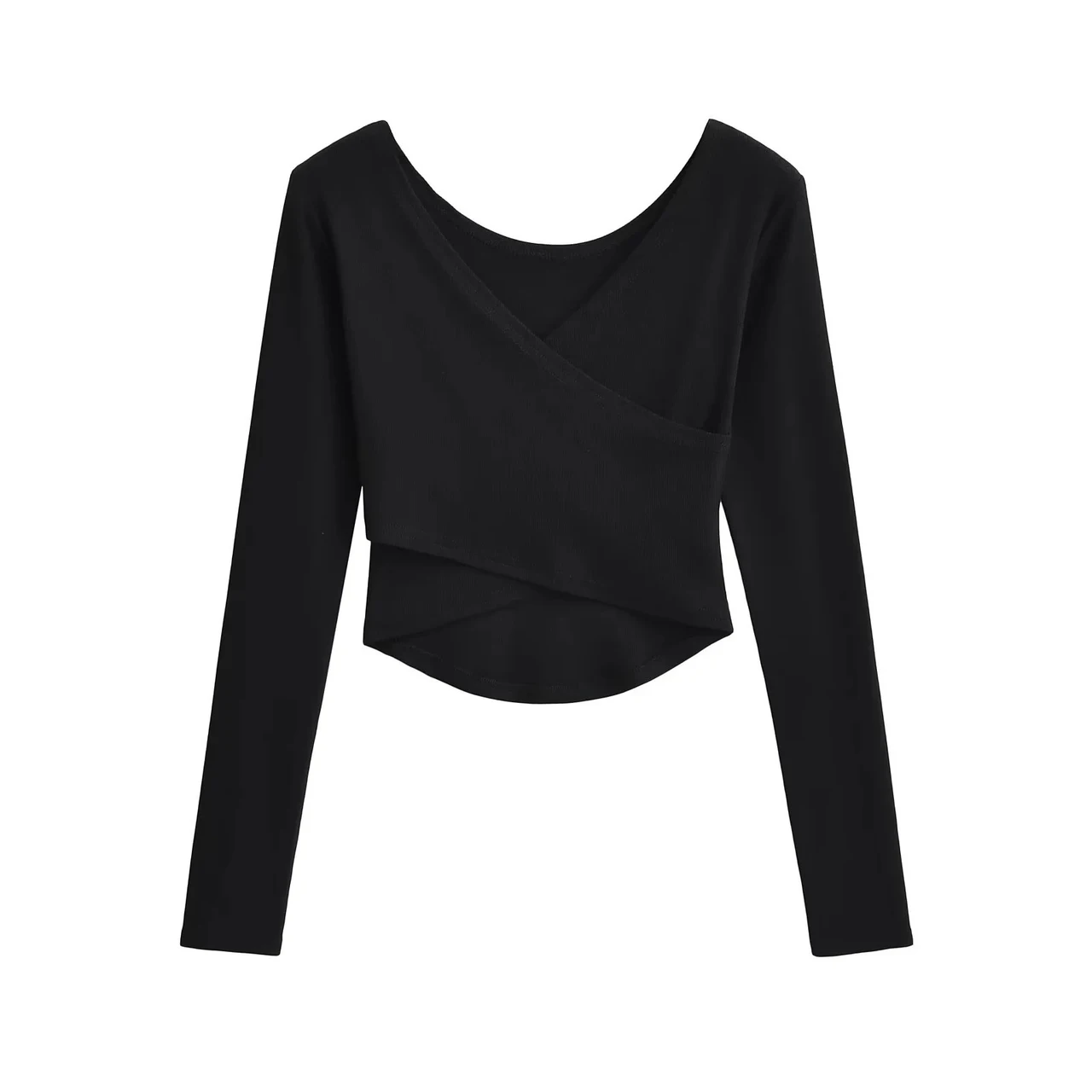 Women's Pure Desire Style Cross V-neck Wrapped Chest Long Sleeve - Black