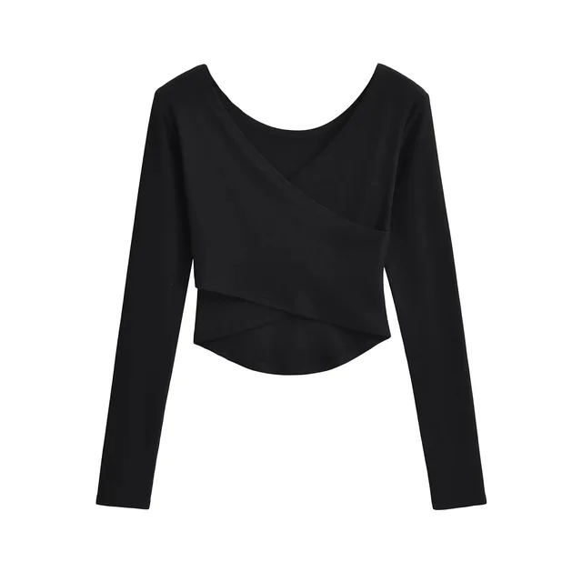 Women's Pure Desire Style Cross V neck Wrapped Chest Long Sleeve Black - Shop at LoveMi