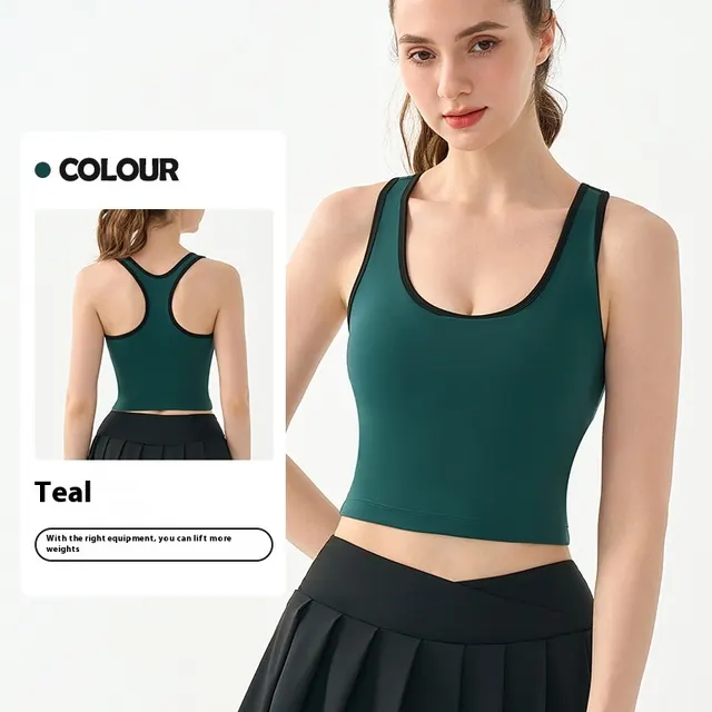 Nude Feel Yoga Clothes Vest Semi fixed Cup Tennis Training Workout Bra Color Contrast Short Green - Shop at LoveMi