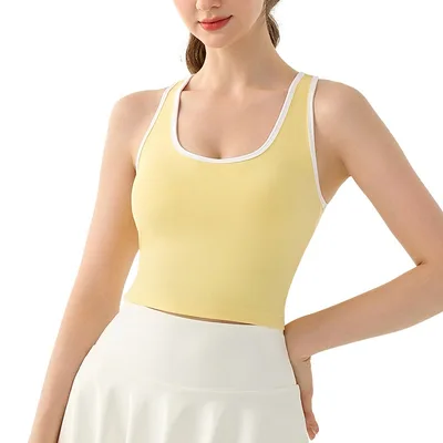 Nude Feel Yoga Clothes Vest Semi fixed Cup Tennis Training Workout Bra Color Contrast Short Soft Yellow - Shop at LoveMi