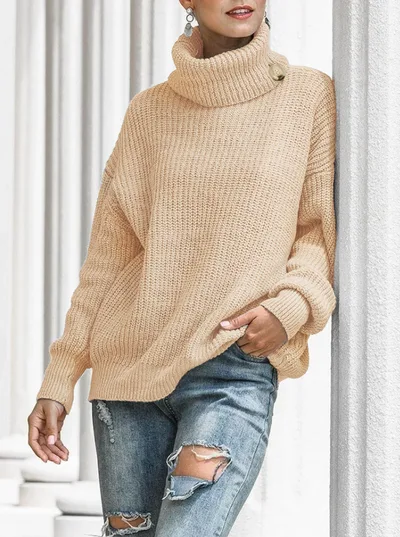 Autumn And Winter New Button Knitted Pullover Turtleneck Sweater Apricot - Shop at LoveMi