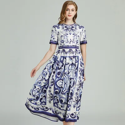 Spring And Summer Blue And White Porcelain Printed Large Swing Short Sleeve Dress Blue - Shop at LoveMi