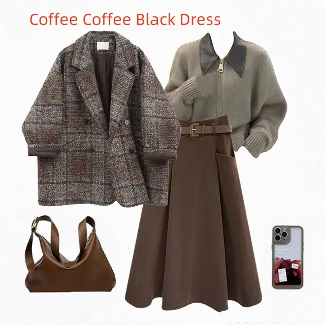 Vintage Blazer Design Knitted Sweater With Skirt Three piece Set Coffee Coffee Black Dress - Shop at LoveMi