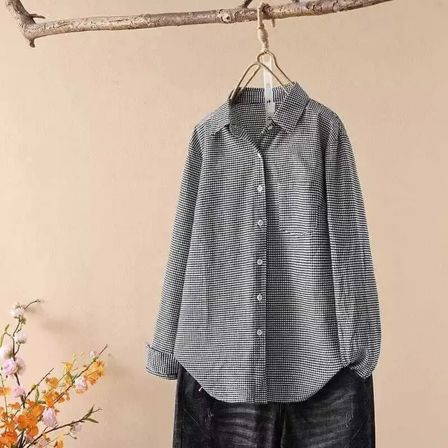 Striped Cardigan Slimming Single breasted Lapel Long Sleeve Shirt Black Plaid - Shop at LoveMi