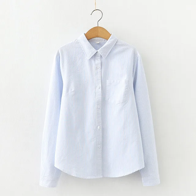 Striped Cardigan Slimming Single breasted Lapel Long Sleeve Shirt Light Blue Stripe - Shop at LoveMi