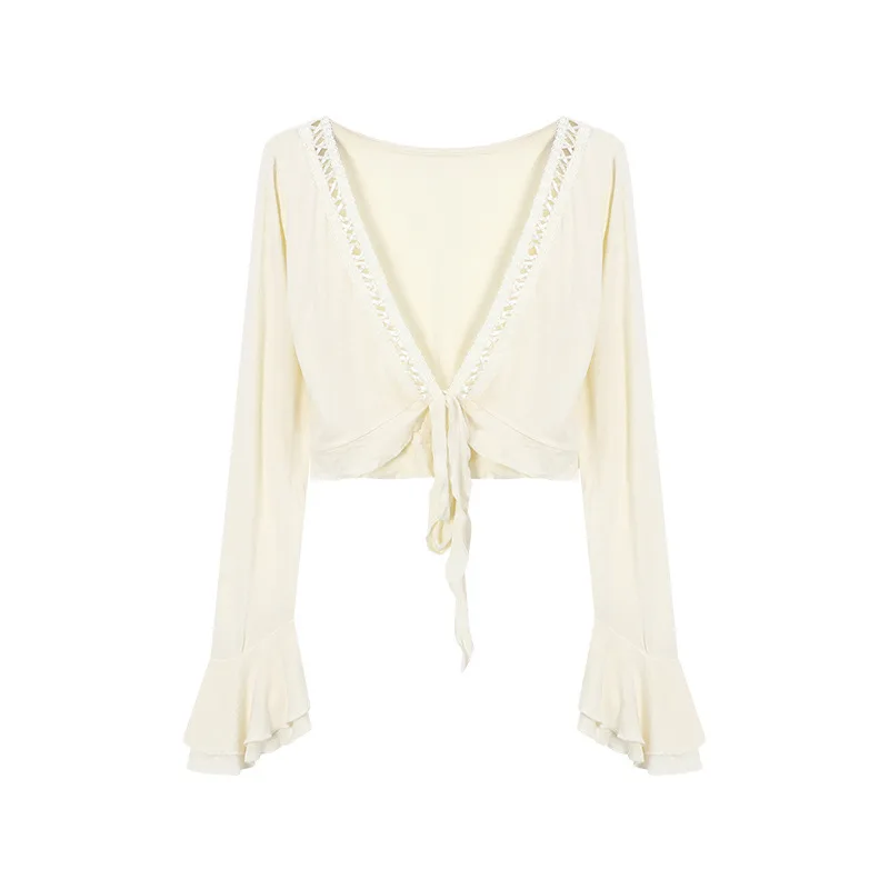 Lace-up Sun Protection Coat For Women Summer Sexy Slim-fit Crop-top - Apricot