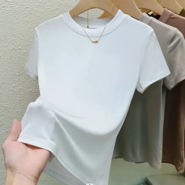 Summer New Short Sleeve Women's Round Neck Classic Pure Color All matching Slim Fit White - Shop at LoveMi