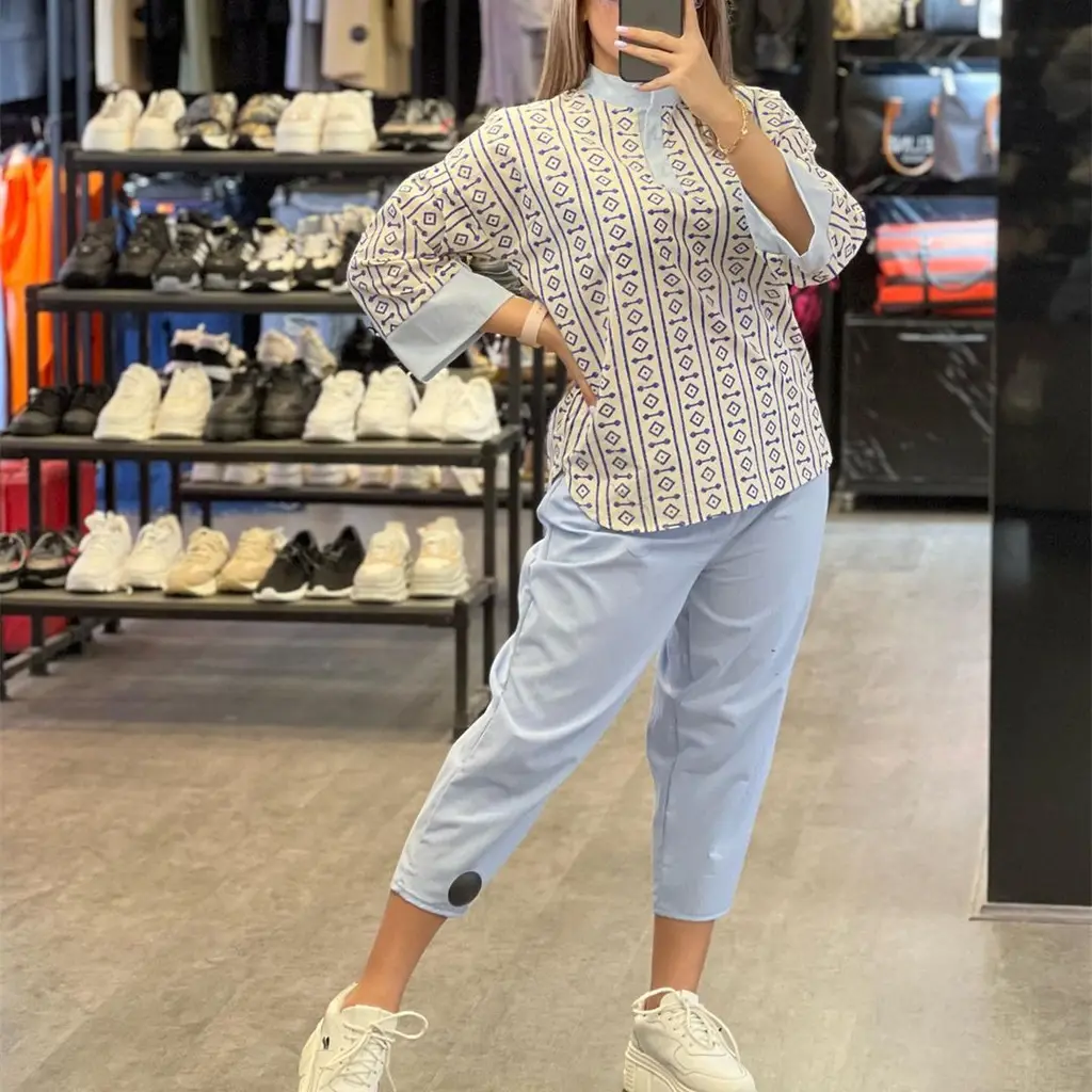 Fashion Cotton And Linen Printed Top Casual High Waist Cropped Pants Women's Suit - Blue Suit