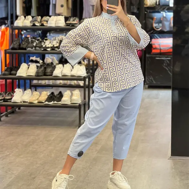 Fashion Cotton And Linen Printed Top Casual High Waist Cropped Pants Women's Suit Blue Suit - Shop at LoveMi