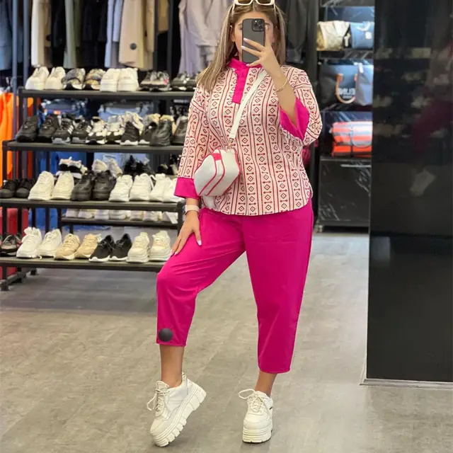 Fashion Cotton And Linen Printed Top Casual High Waist Cropped Pants Women's Suit Rose Red Suit - Shop at LoveMi