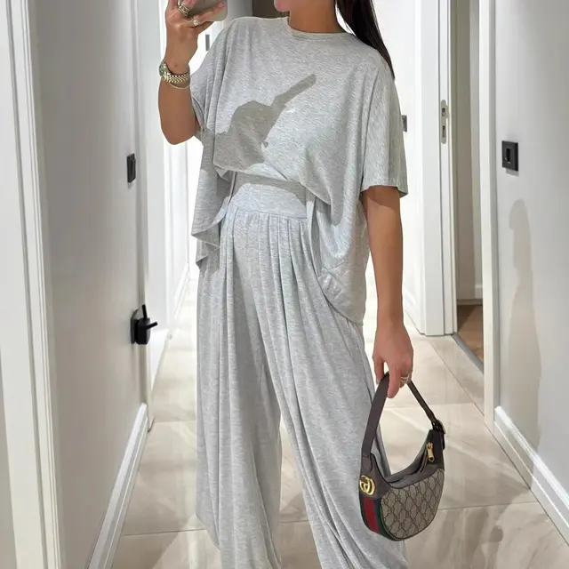 Casual Solid Color Loose Comfortable Wide leg Pants Two piece Women's Clothing Gray - Shop at LoveMi